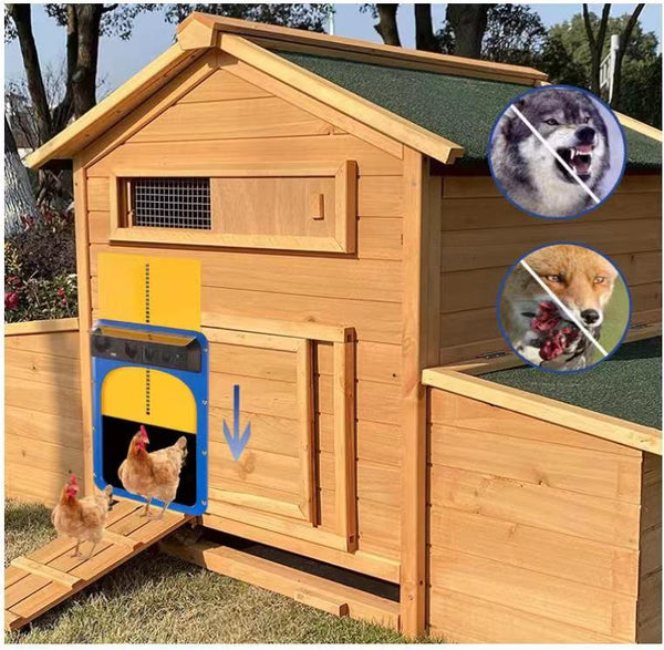 Automatic chicken coop opens/closes with chicken coop - Battery, solar cells and/or charging socket