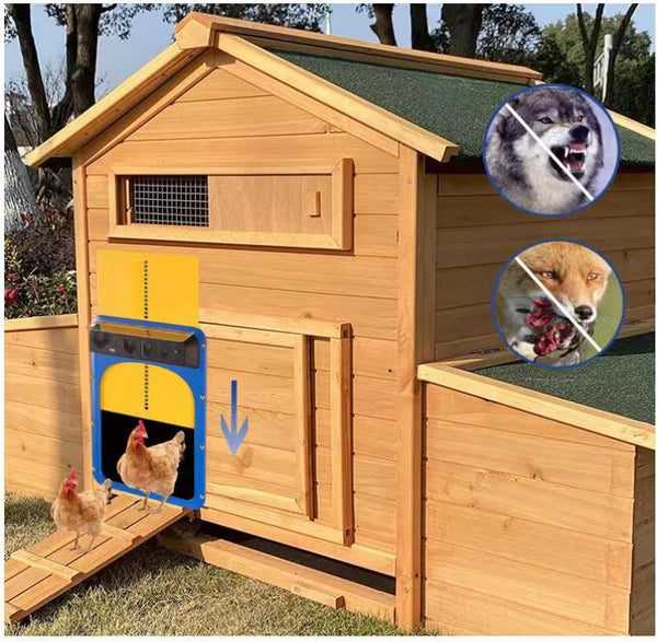 Automatischer Hühnerstall öffnet/schließt mit Hühnerstall – Batterie, Solarzellen und/oder Ladesteckdose