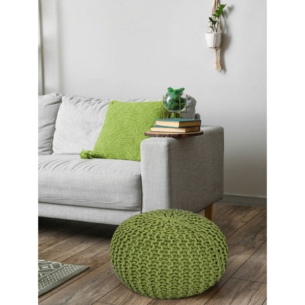 Pouf with diameter 55 cm (grass green) - Knit stool/floor cushion - Coarse knit look extra high height 37 cm