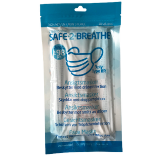 Safe2Breathe – Mundstück – Gesichtsmasken – 3 Schichten Typ IIR – CE-gekennzeichnet – 10er-Pack